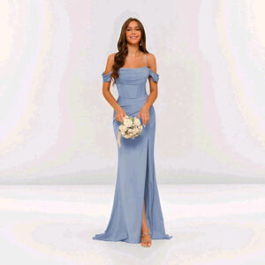 Clothfun Off The Shoulder Cowl Neck Satin Bridesmaid Dress Long Corset Blue NWT